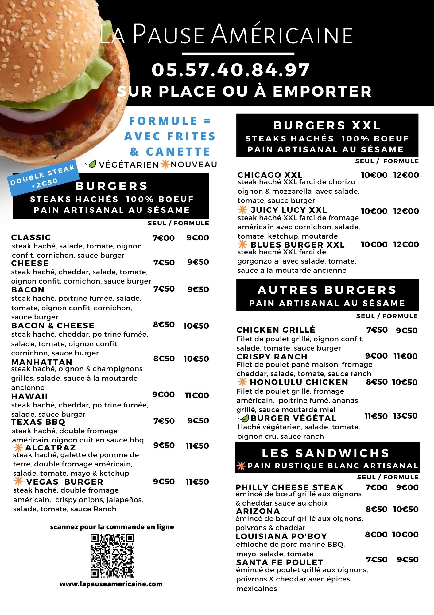 Carte burgers et sandwichs La Pause Américaine