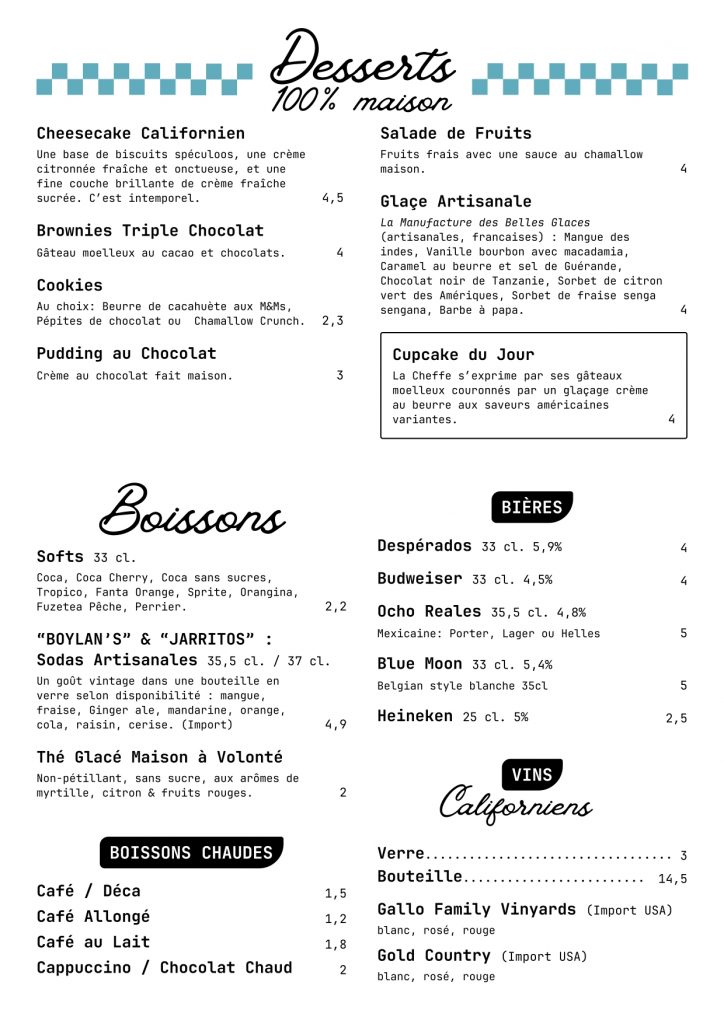 La Pause Americain Diner Menu Tapas USA